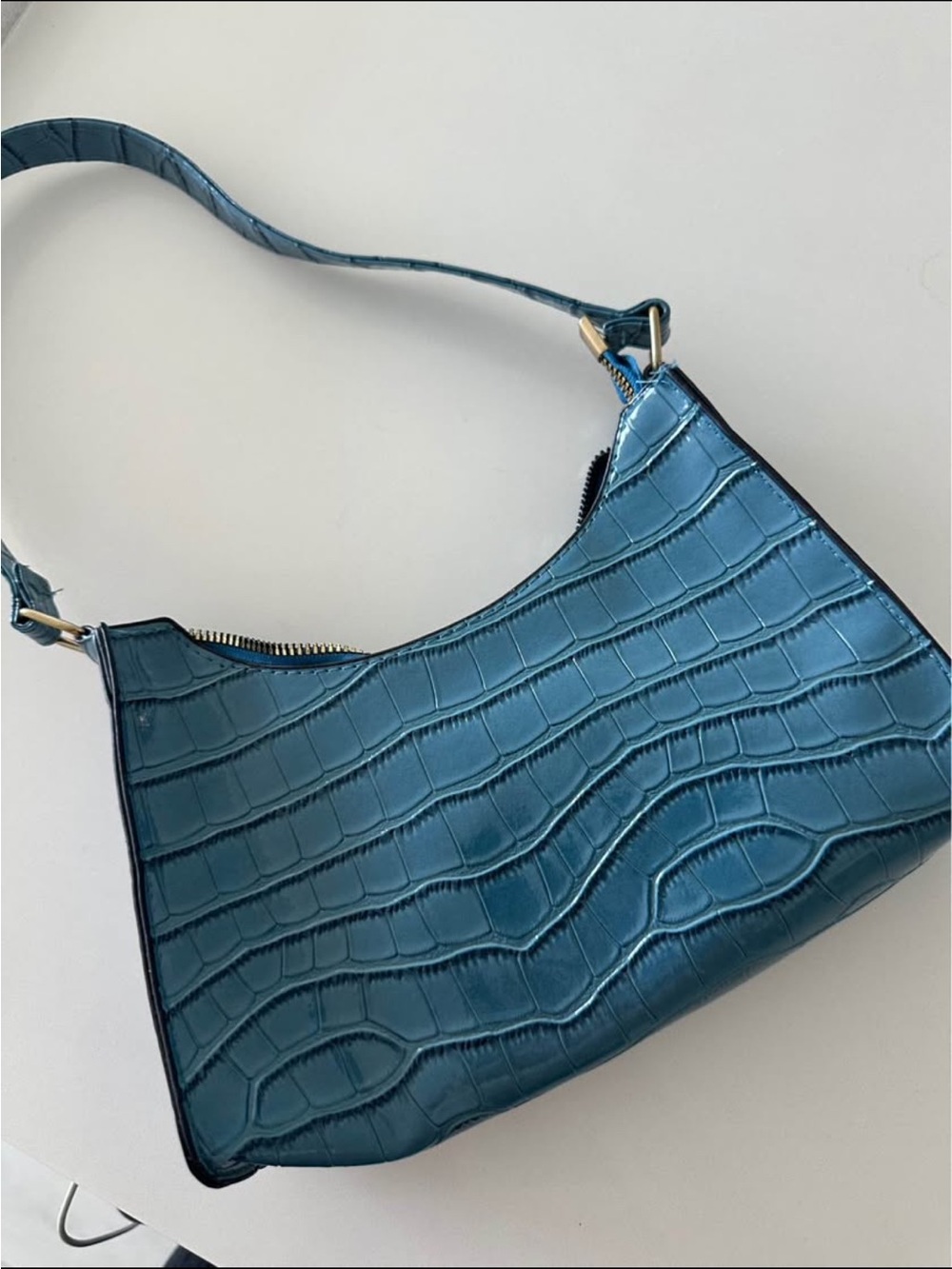SHEIN Croc-Embossed Shoulder Bag in Teal Blue